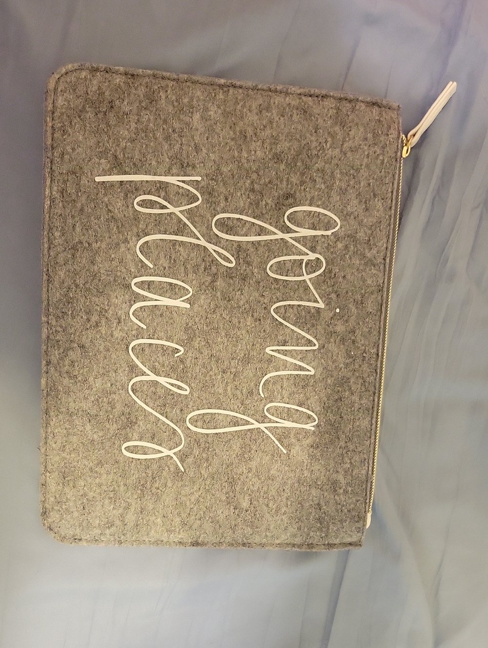 NWOT Felt Zipper Pouch in Gray with 'Going Places' Script